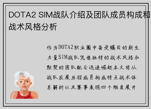 DOTA2 SIM战队介绍及团队成员构成和战术风格分析
