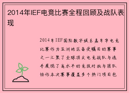 2014年IEF电竞比赛全程回顾及战队表现